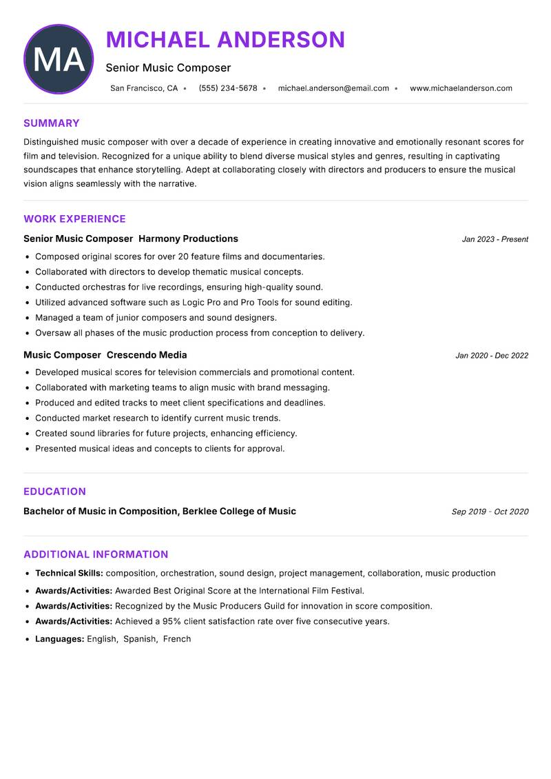 Music Composer resume example — ATS-friendly template