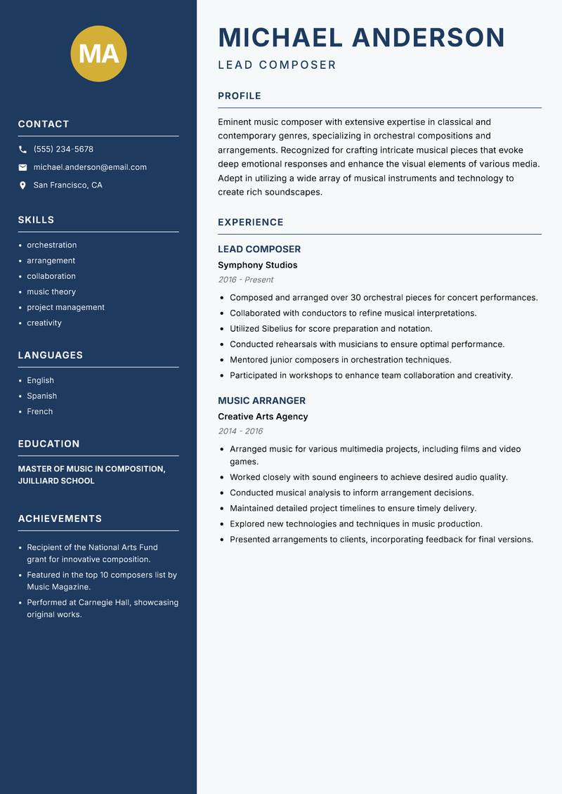Music Composer resume template — Classic Clean