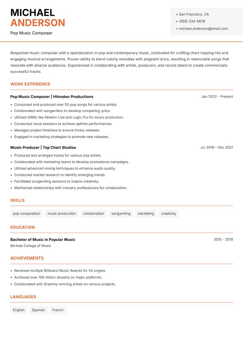 Music Composer resume template — Modern Professional