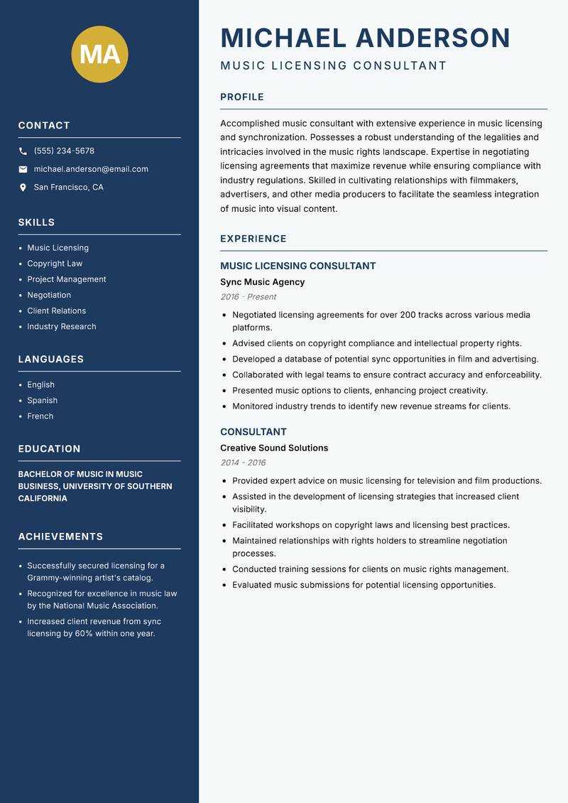 Music Consultant resume template — Classic Clean