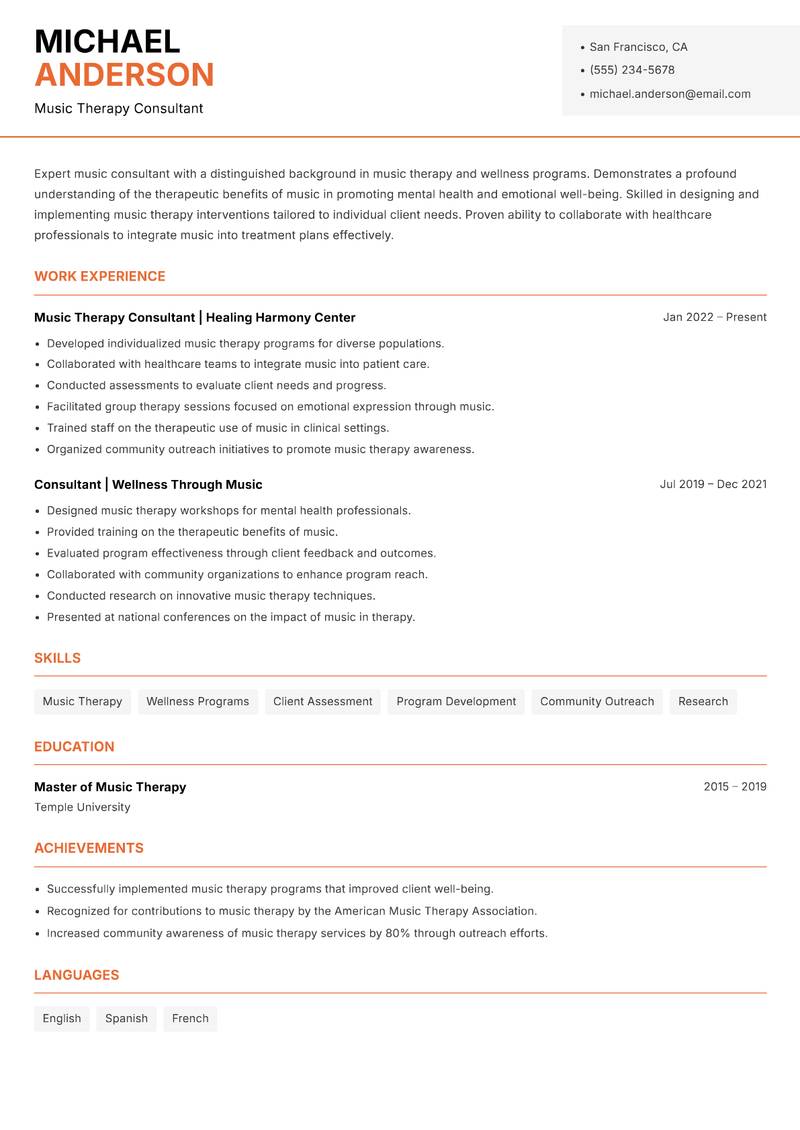 Music Consultant resume template — Modern Professional