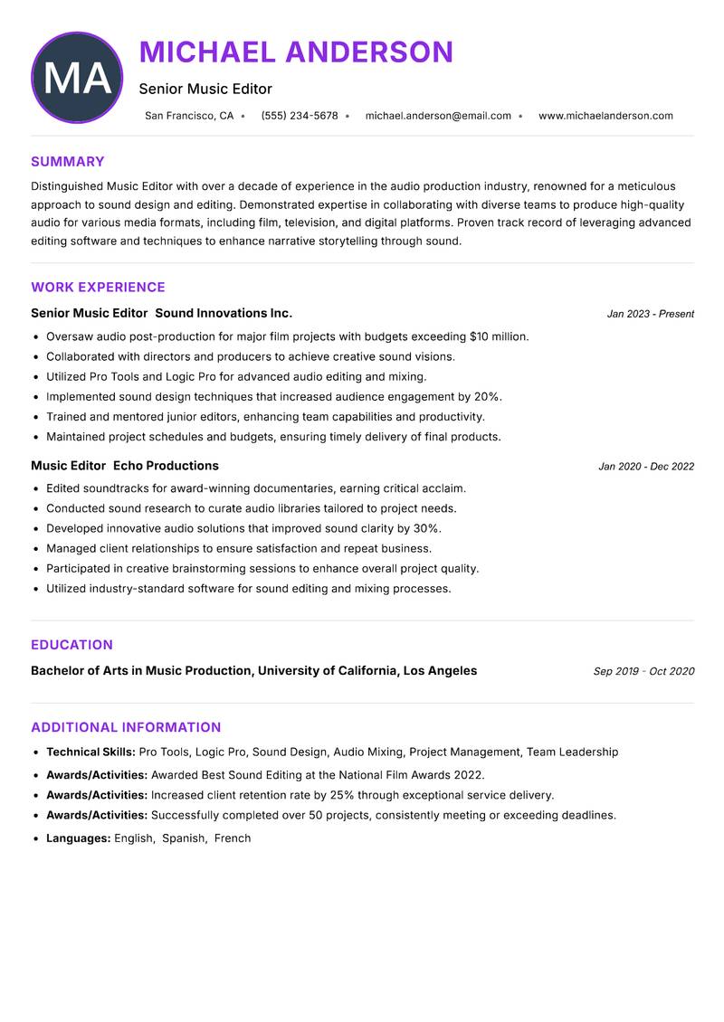 Music Editor resume example — ATS-friendly template