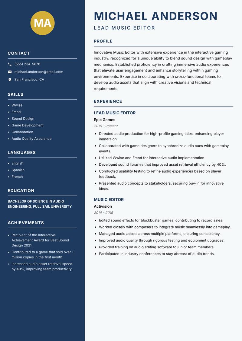 Music Editor resume template — Classic Clean