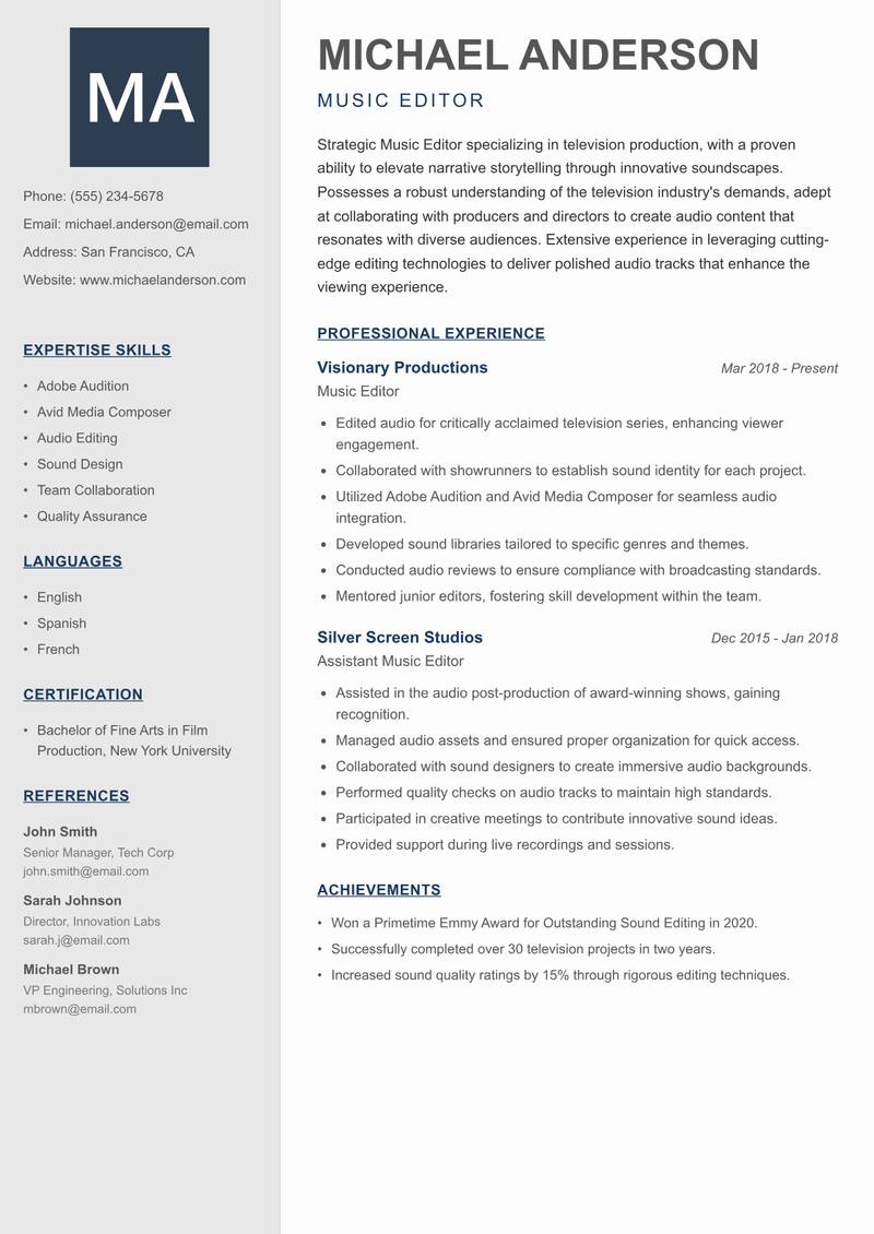 Music Editor resume template — Creative Minimal