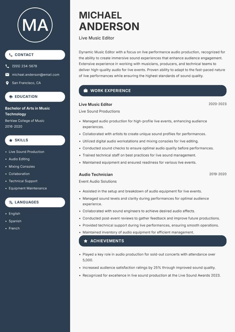 Music Editor resume template — Compact