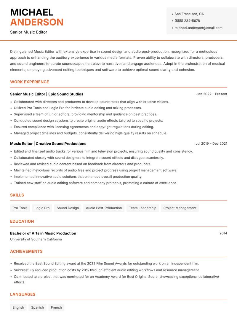 Music Editor resume template — Modern Professional