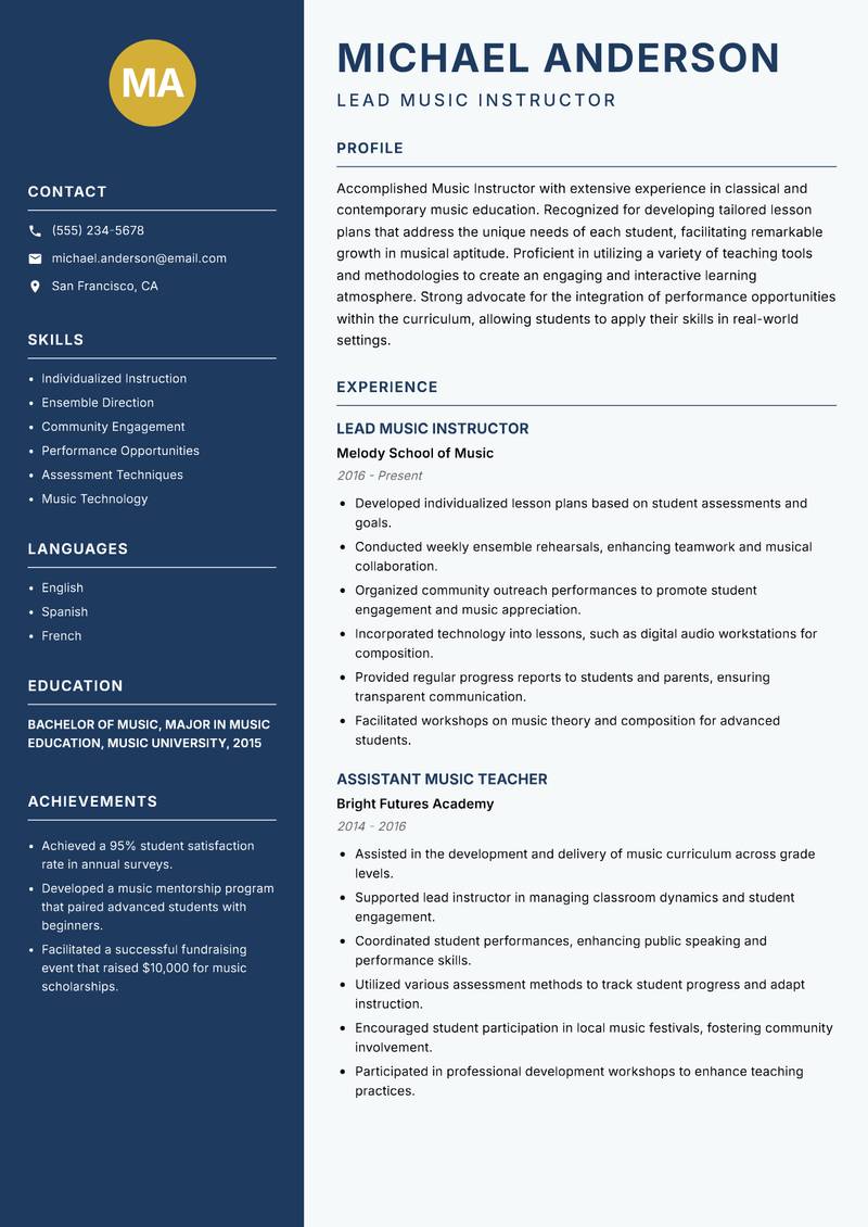 Music Instructor resume template — Classic Clean