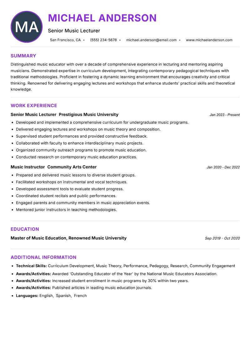 Music Lecturer resume example — ATS-friendly template