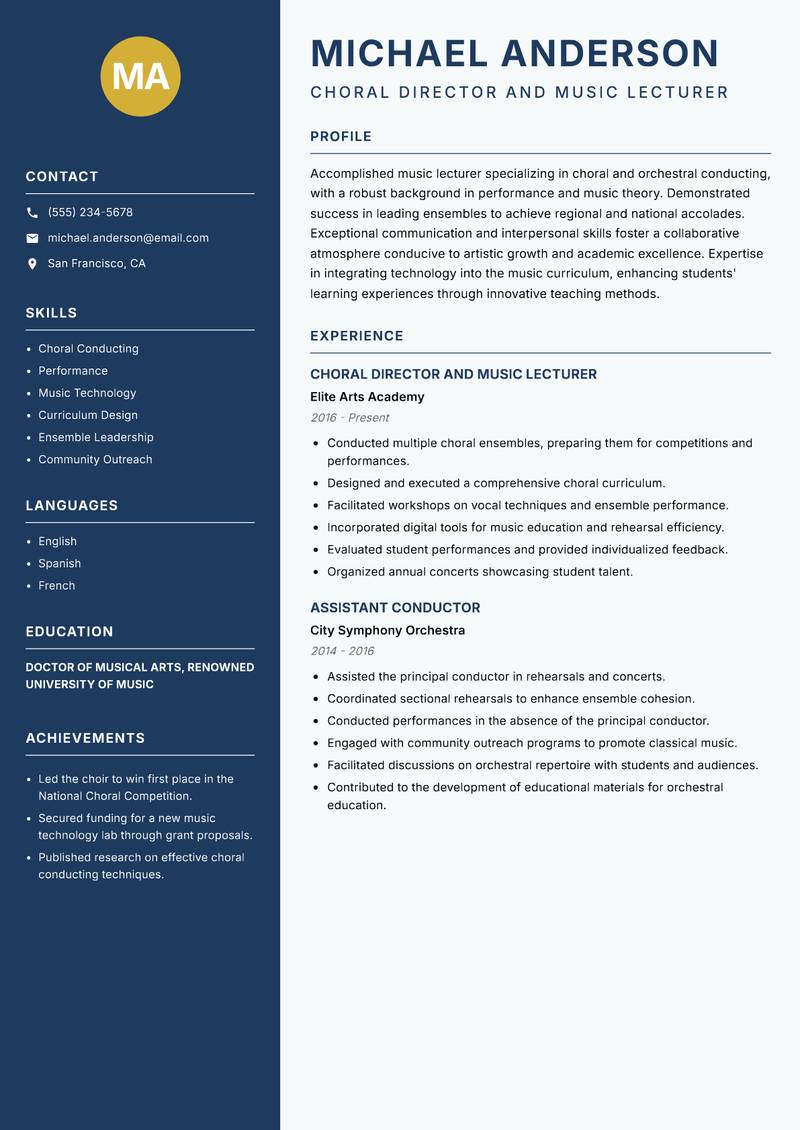 Music Lecturer resume template — Classic Clean