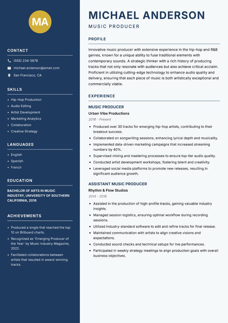 Music Producer resume template — Classic Clean