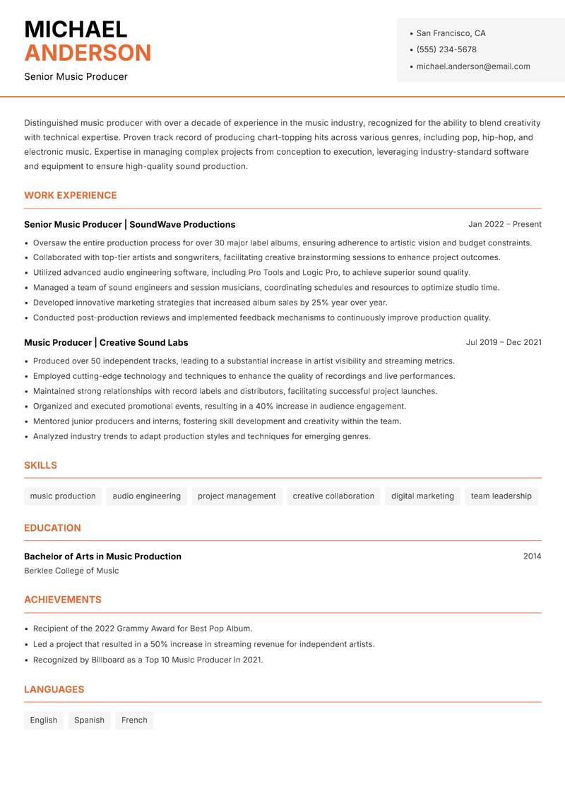 Music Producer resume template — Modern Professional