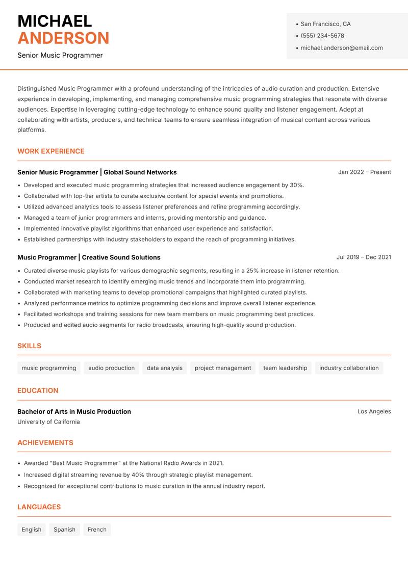 Music Programmer resume template — Modern Professional