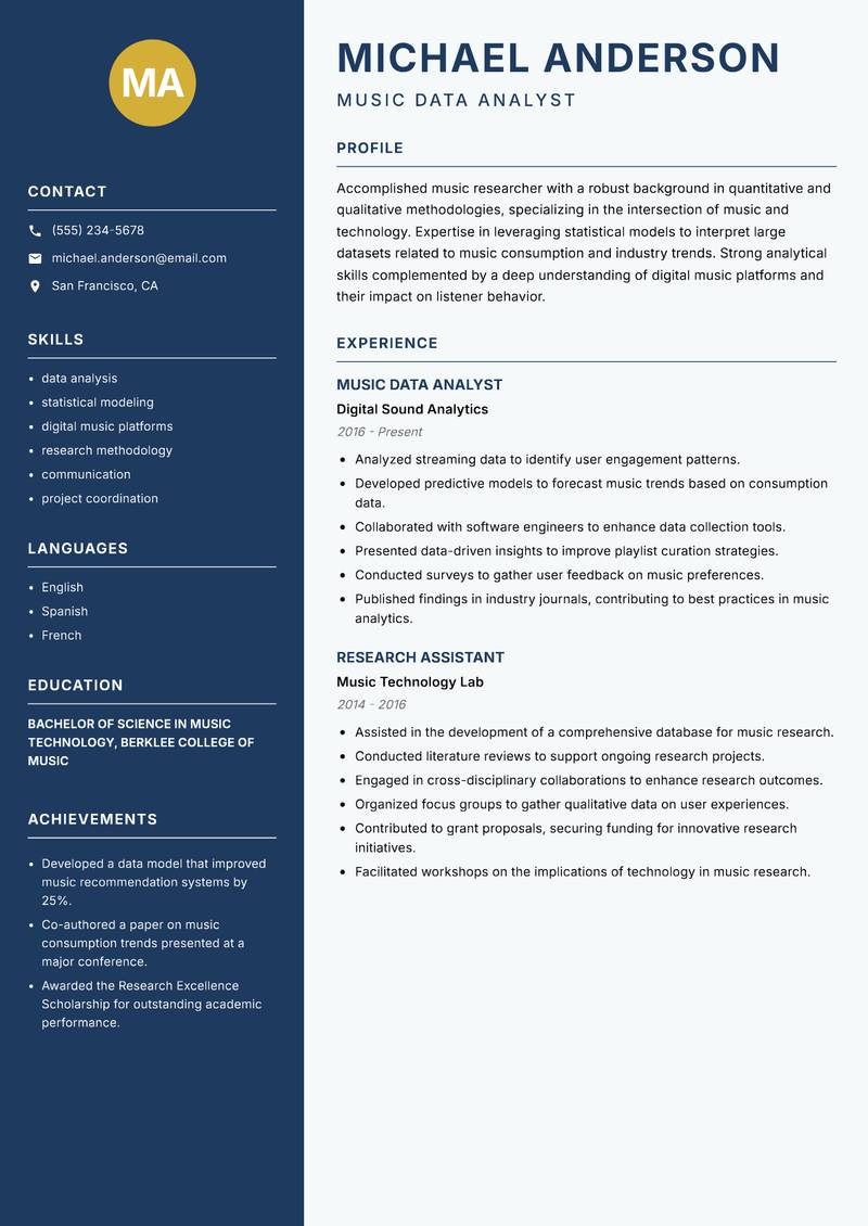 Music Researcher resume template — Classic Clean