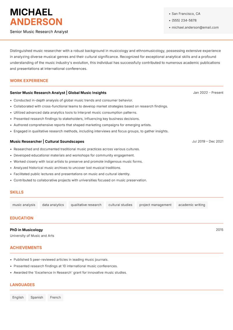 Music Researcher resume template — Modern Professional