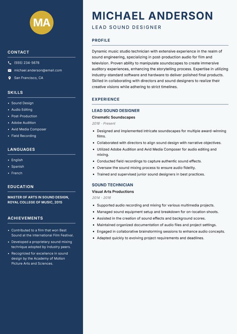 Music Studio Technician resume template — Classic Clean