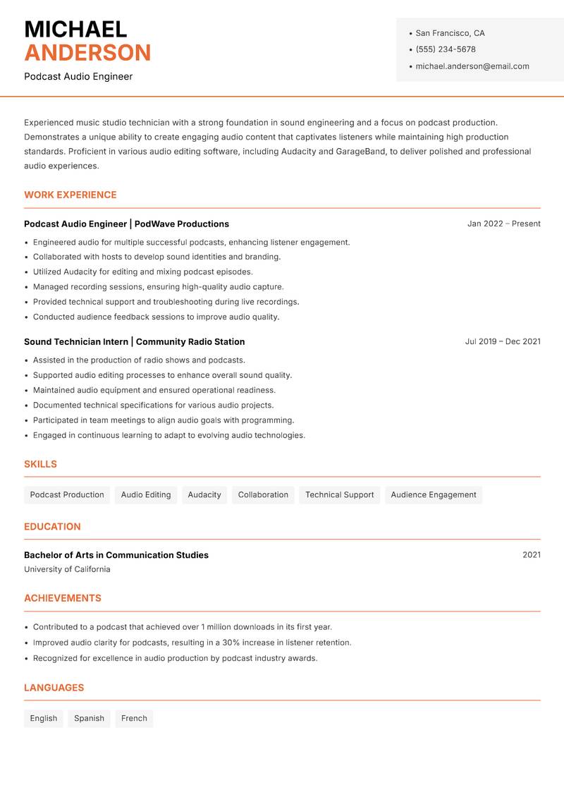 Music Studio Technician resume template — Modern Professional