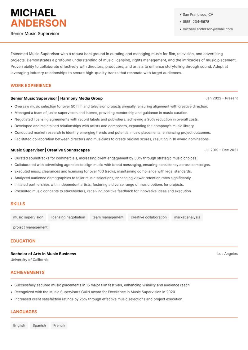 Music Supervisor resume template — Modern Professional