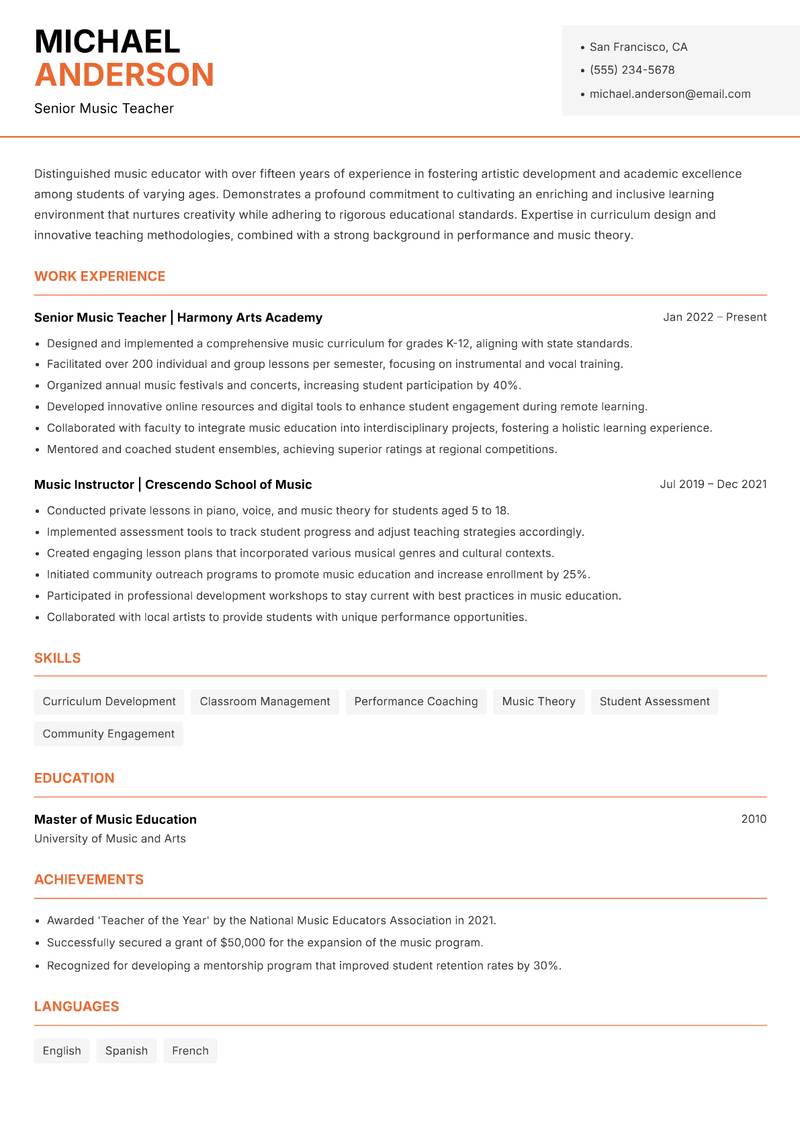 Music Teacher resume template — Modern Professional