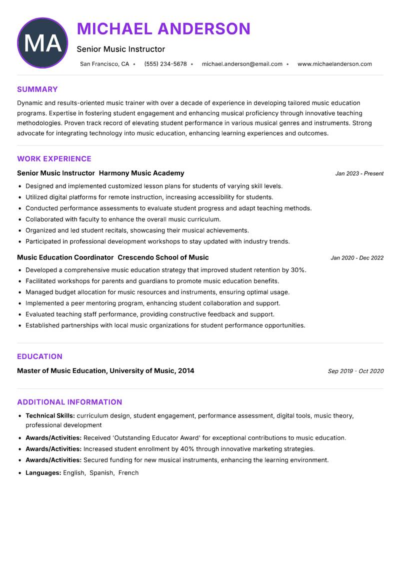 Music Trainer resume example — ATS-friendly template