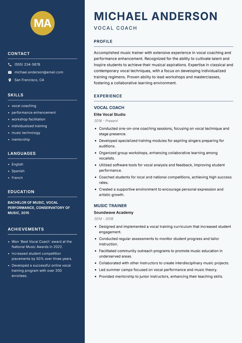 Music Trainer resume template — Classic Clean