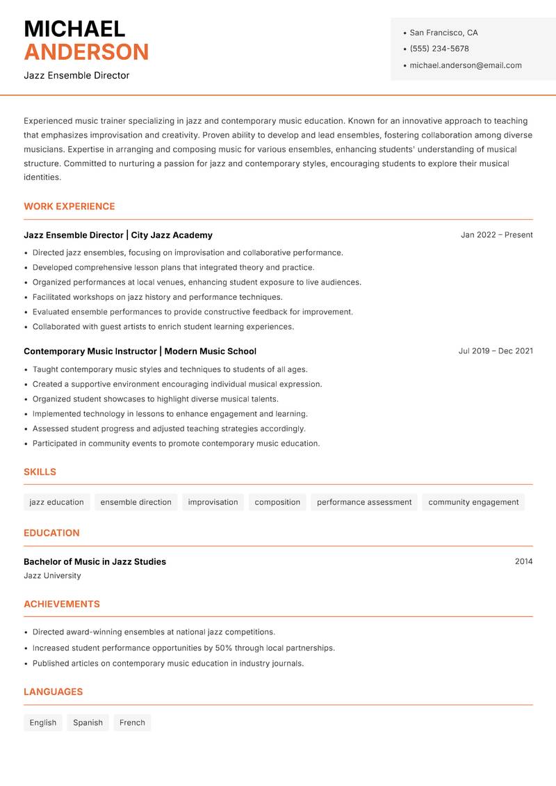 Music Trainer resume template — Modern Professional