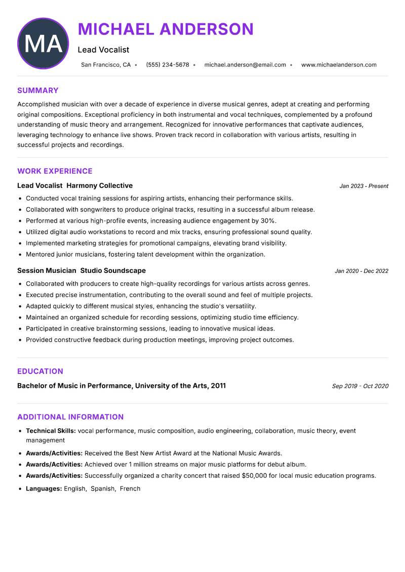 Musician resume example — ATS-friendly template