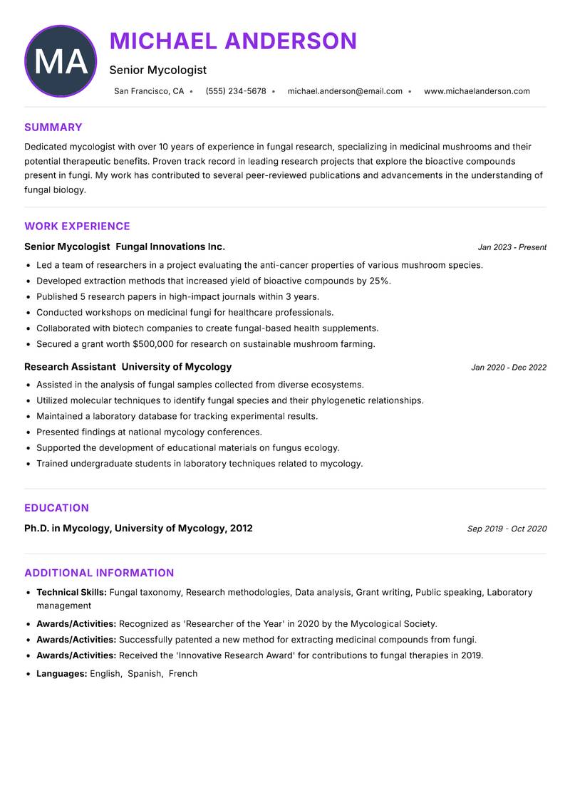 Mycologist resume example — ATS-friendly template