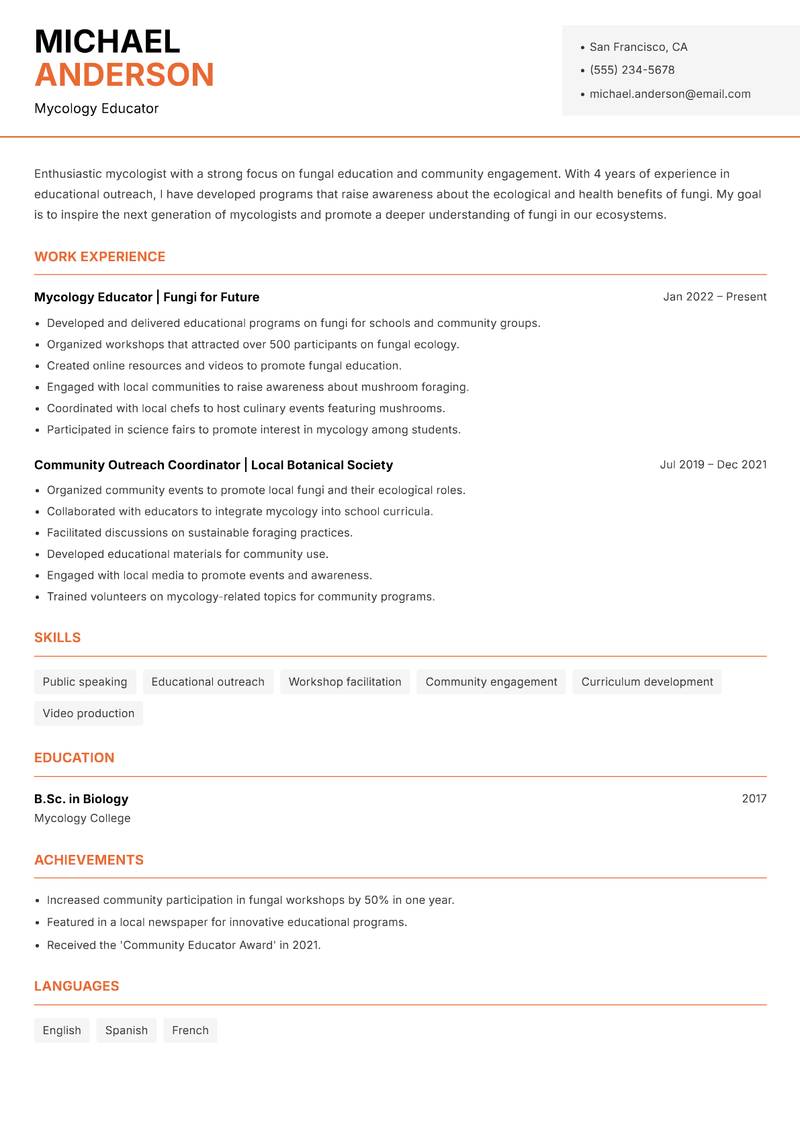 Mycologist resume template — Modern Professional