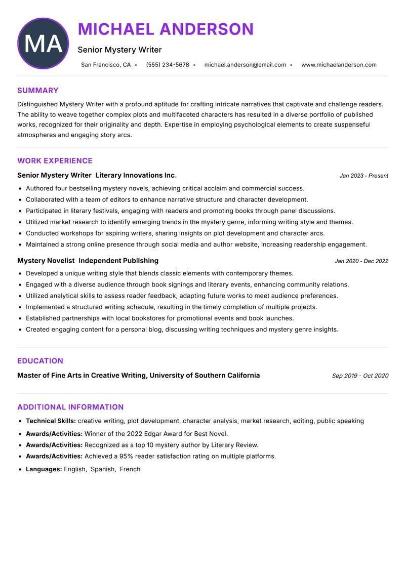 Mystery Writer resume example — ATS-friendly template