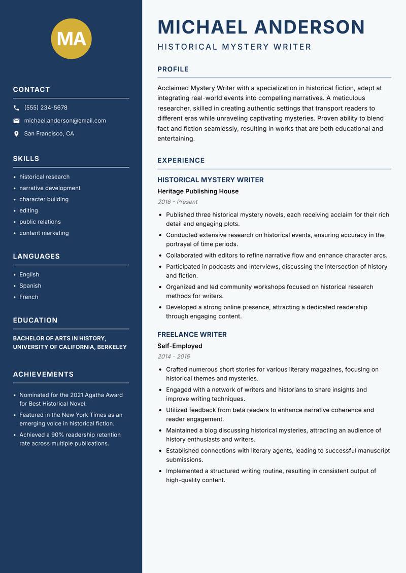 Mystery Writer resume template — Classic Clean