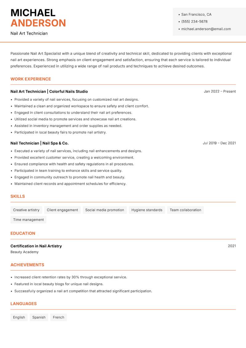 Nail Art Specialist resume template — Modern Professional