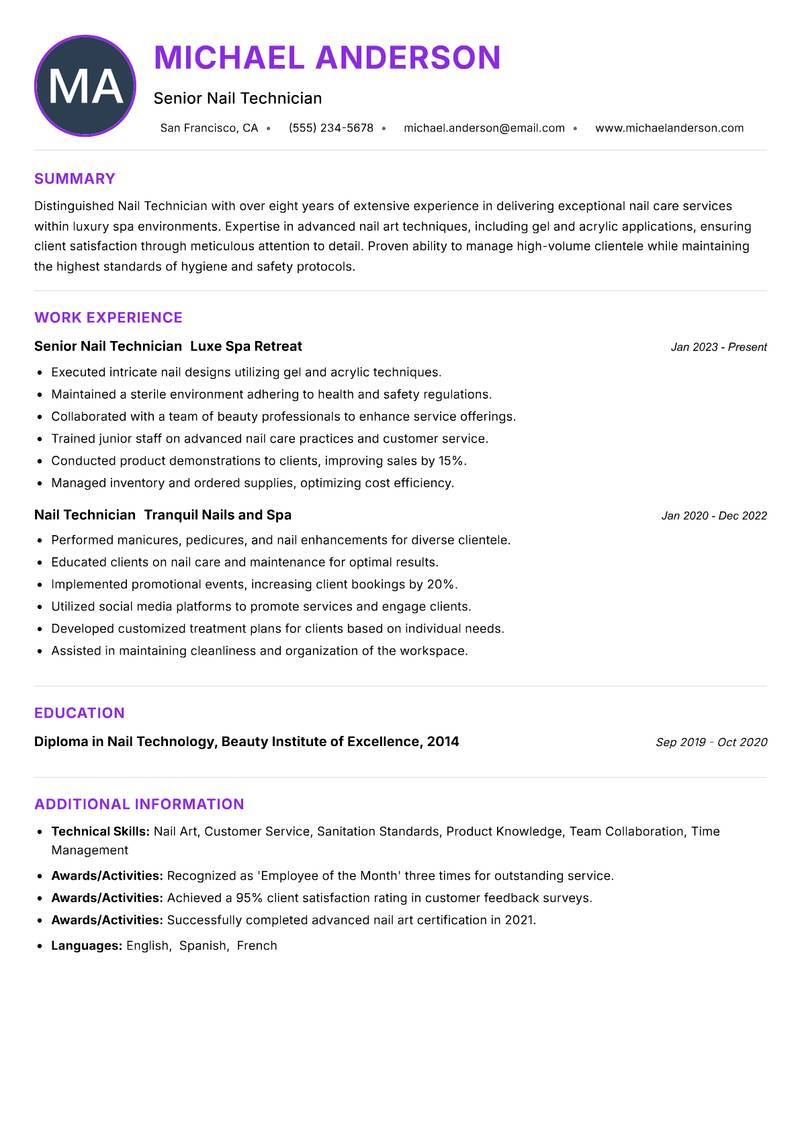 Nail Technician resume example — ATS-friendly template