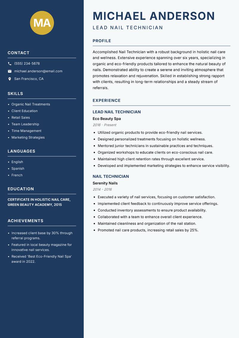 Nail Technician resume template — Classic Clean