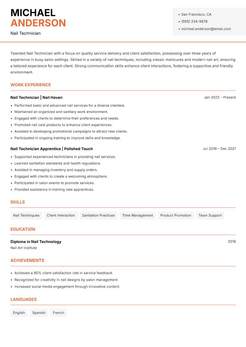 Nail Technician resume template — Modern Professional