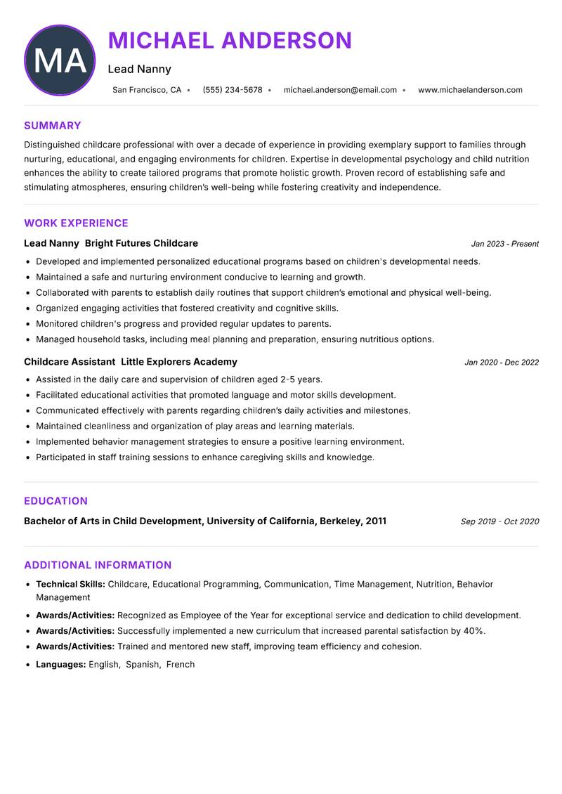 Nanny resume example — ATS-friendly template