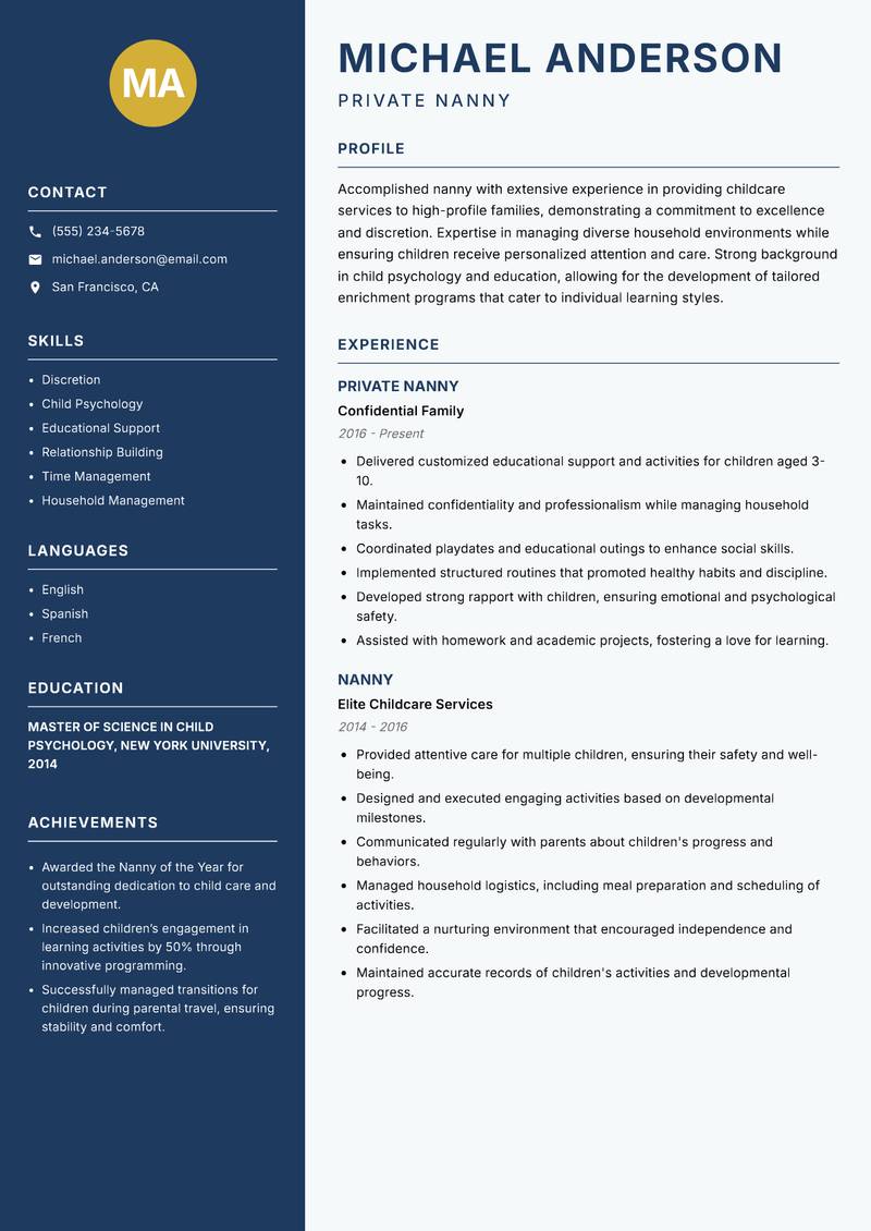 Nanny resume template — Classic Clean