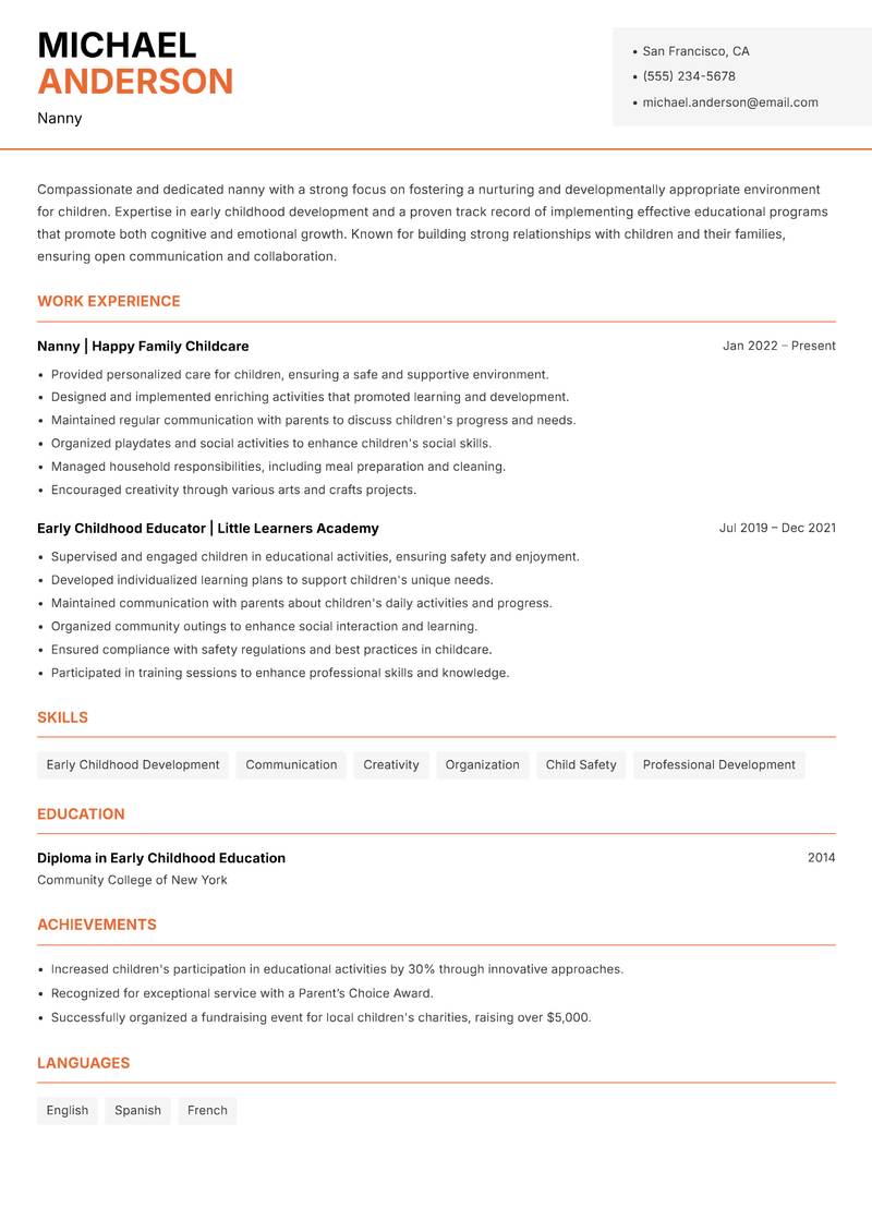 Nanny resume template — Modern Professional