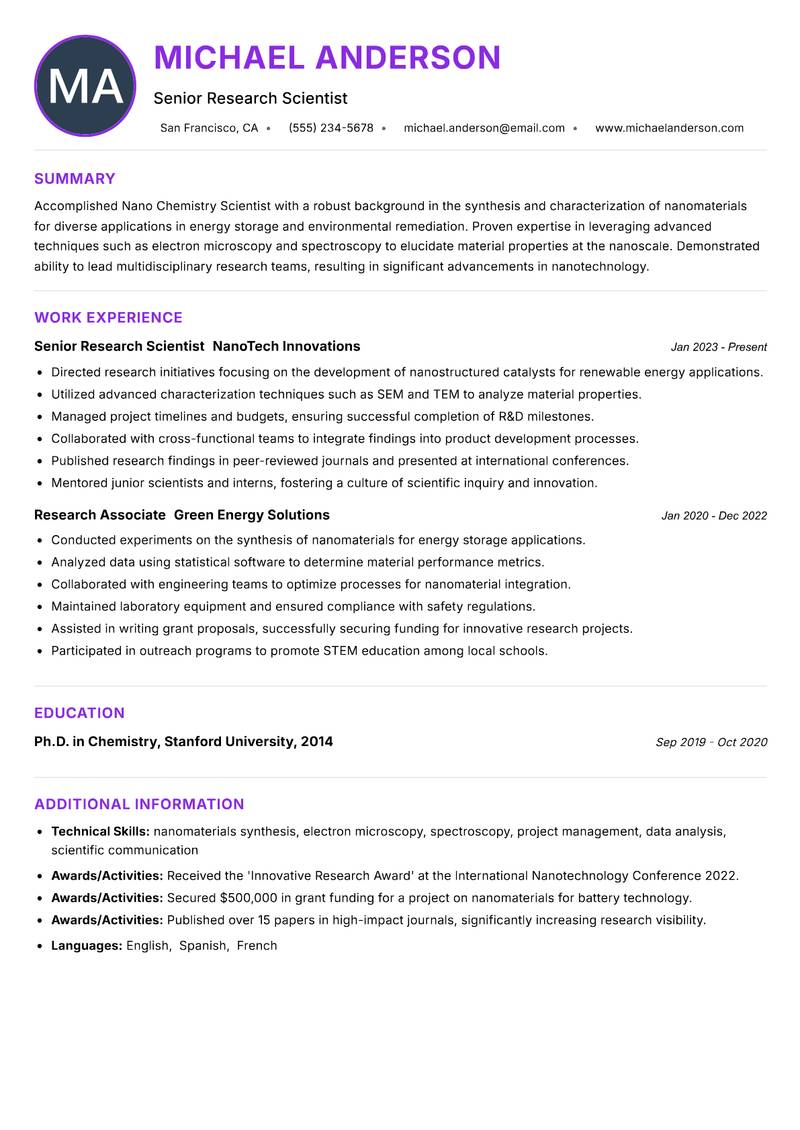 Nano Chemistry Scientist resume example — ATS-friendly template