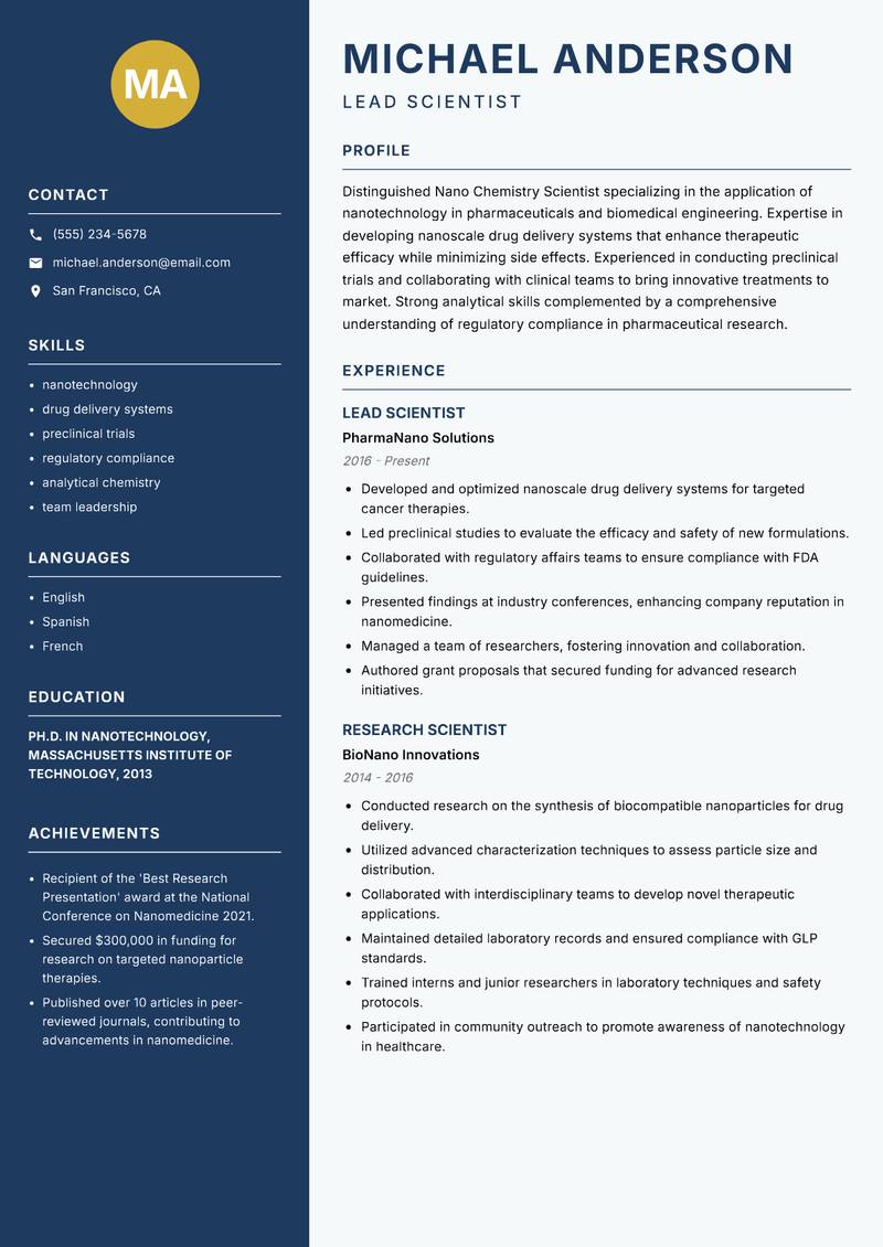 Nano Chemistry Scientist resume template — Classic Clean