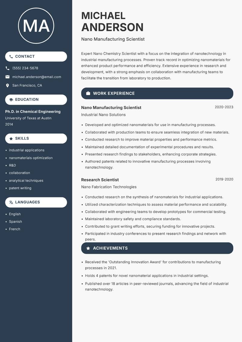 Nano Chemistry Scientist resume template — Compact