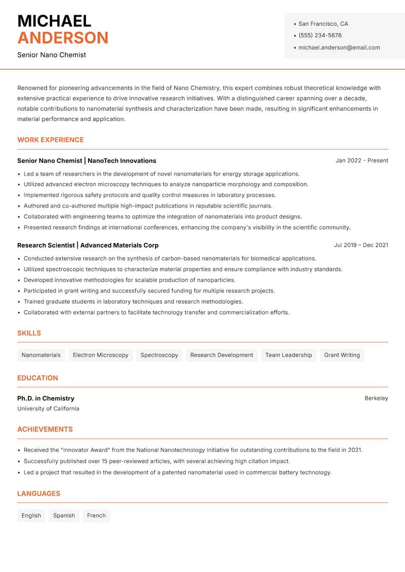 Nano Chemistry Scientist resume template — Modern Professional