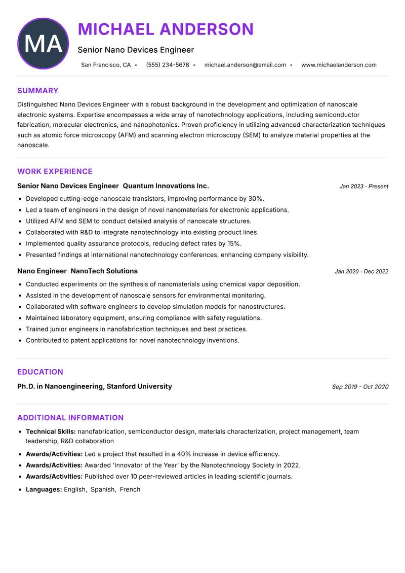 Nano Devices Engineer resume example — ATS-friendly template
