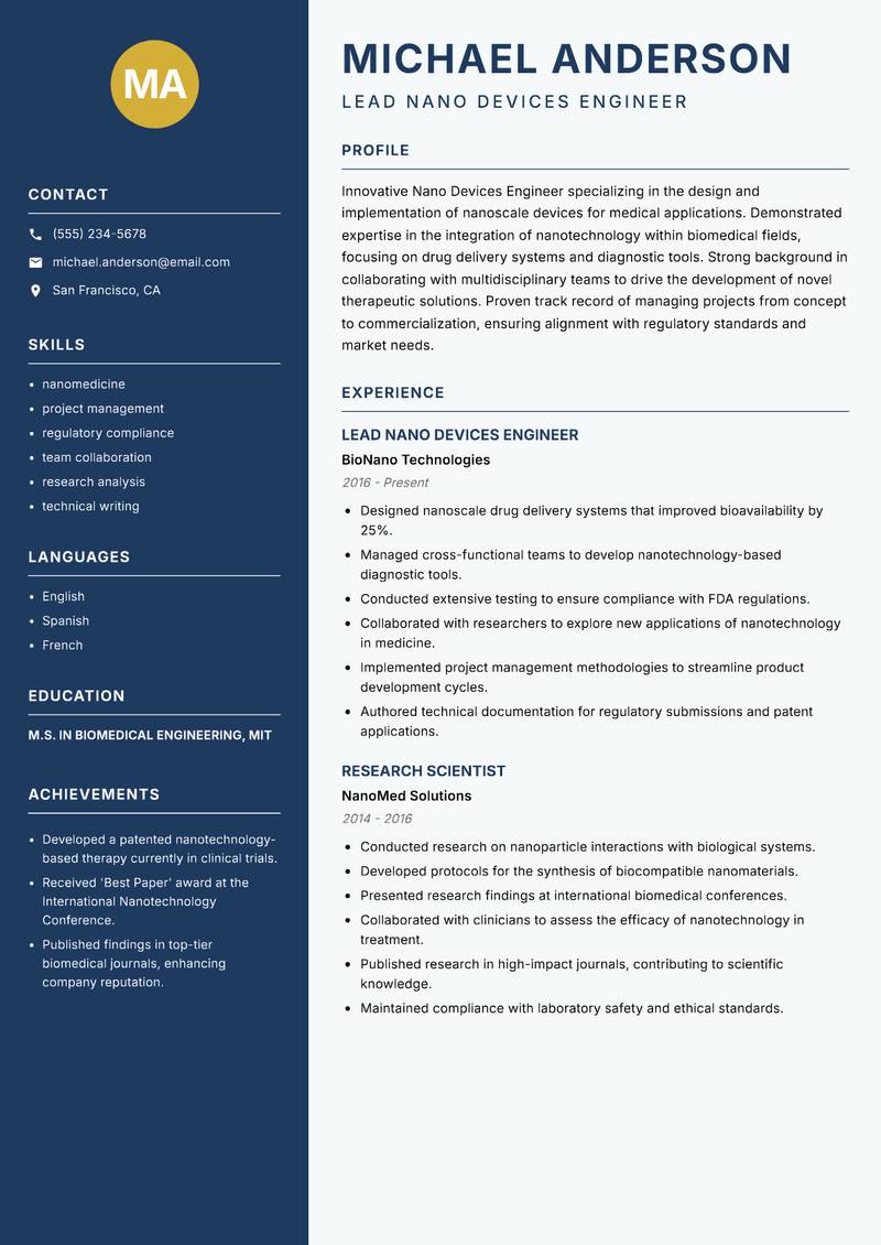 Nano Devices Engineer resume template — Classic Clean