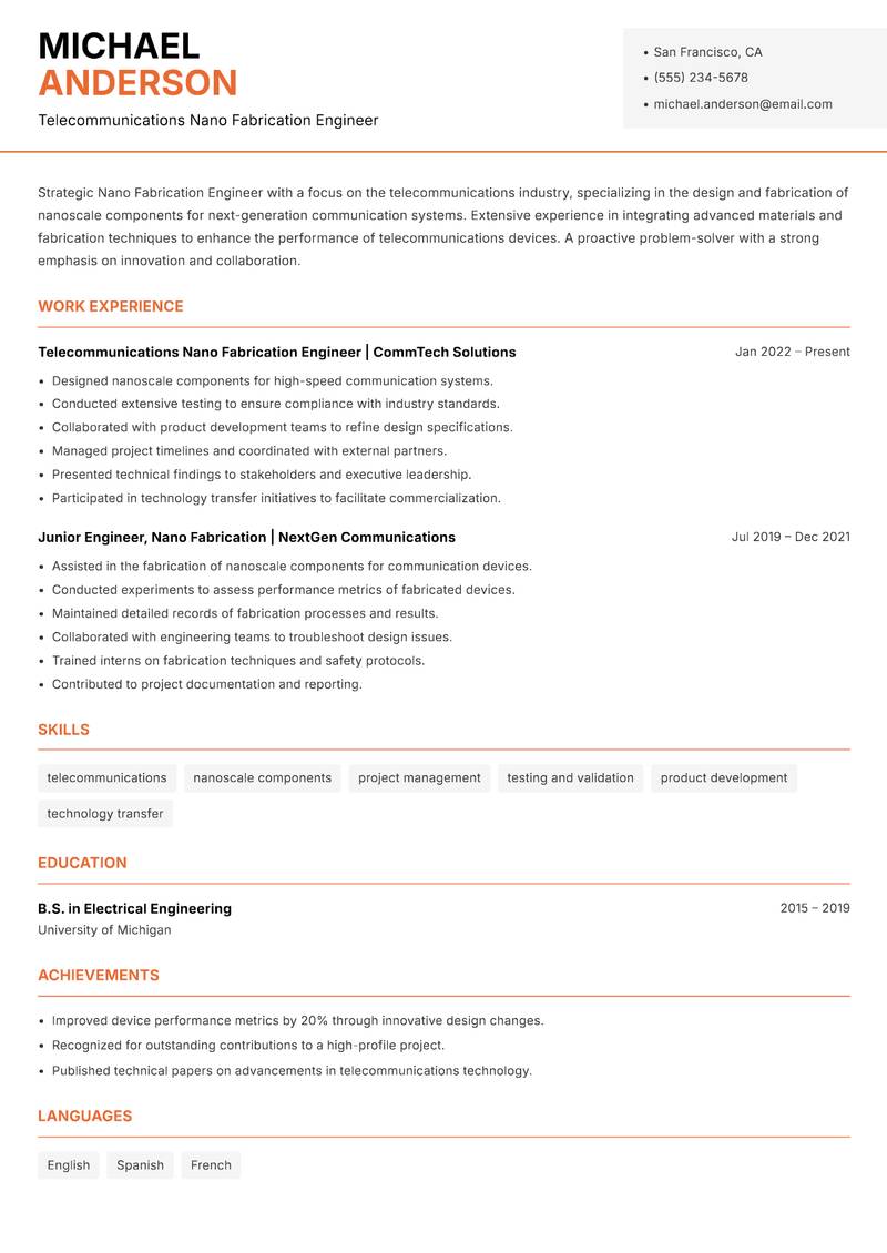 Nano Fabrication Engineer resume template — Modern Professional