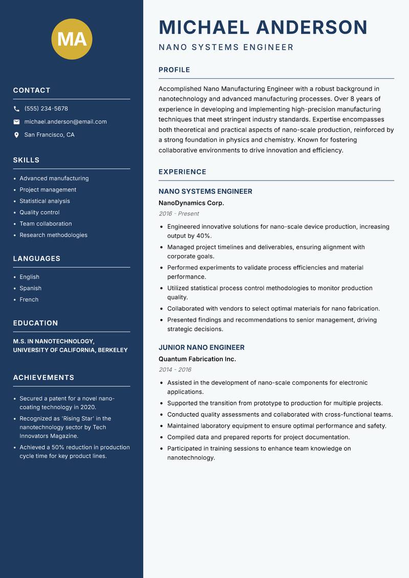 Nano Manufacturing Engineer resume template — Classic Clean