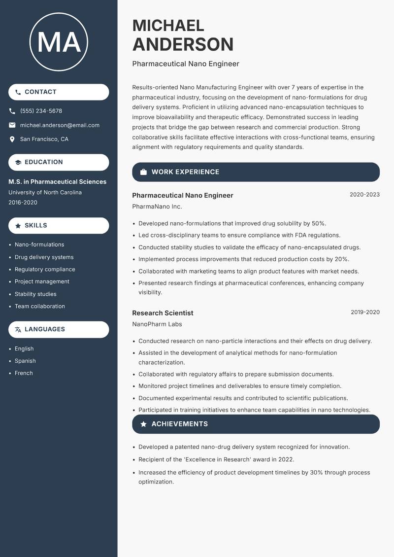 Nano Manufacturing Engineer resume template — Compact