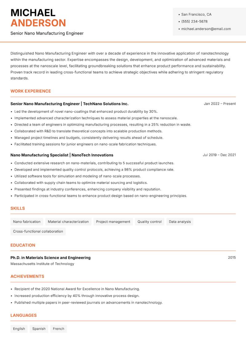Nano Manufacturing Engineer resume template — Modern Professional