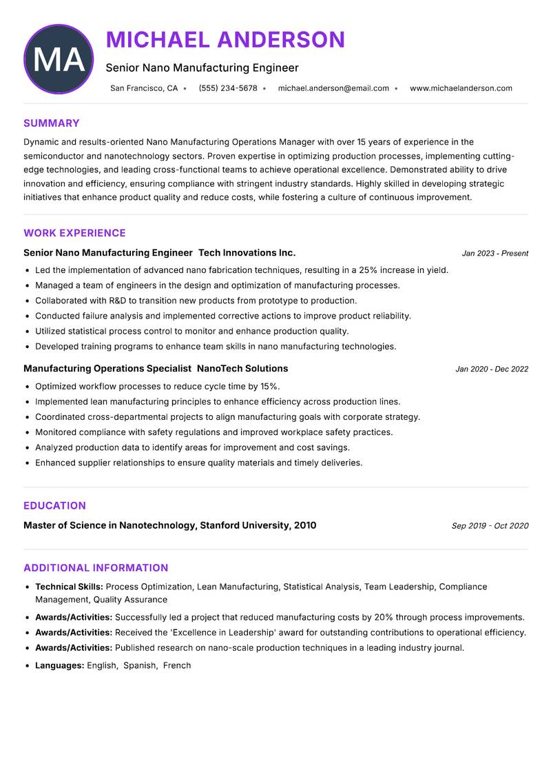 Nano Manufacturing Operations Manager resume example — ATS-friendly template