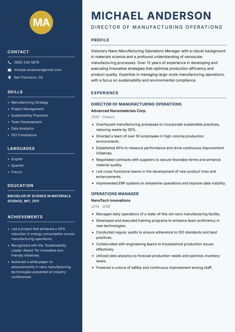 Nano Manufacturing Operations Manager resume template — Classic Clean
