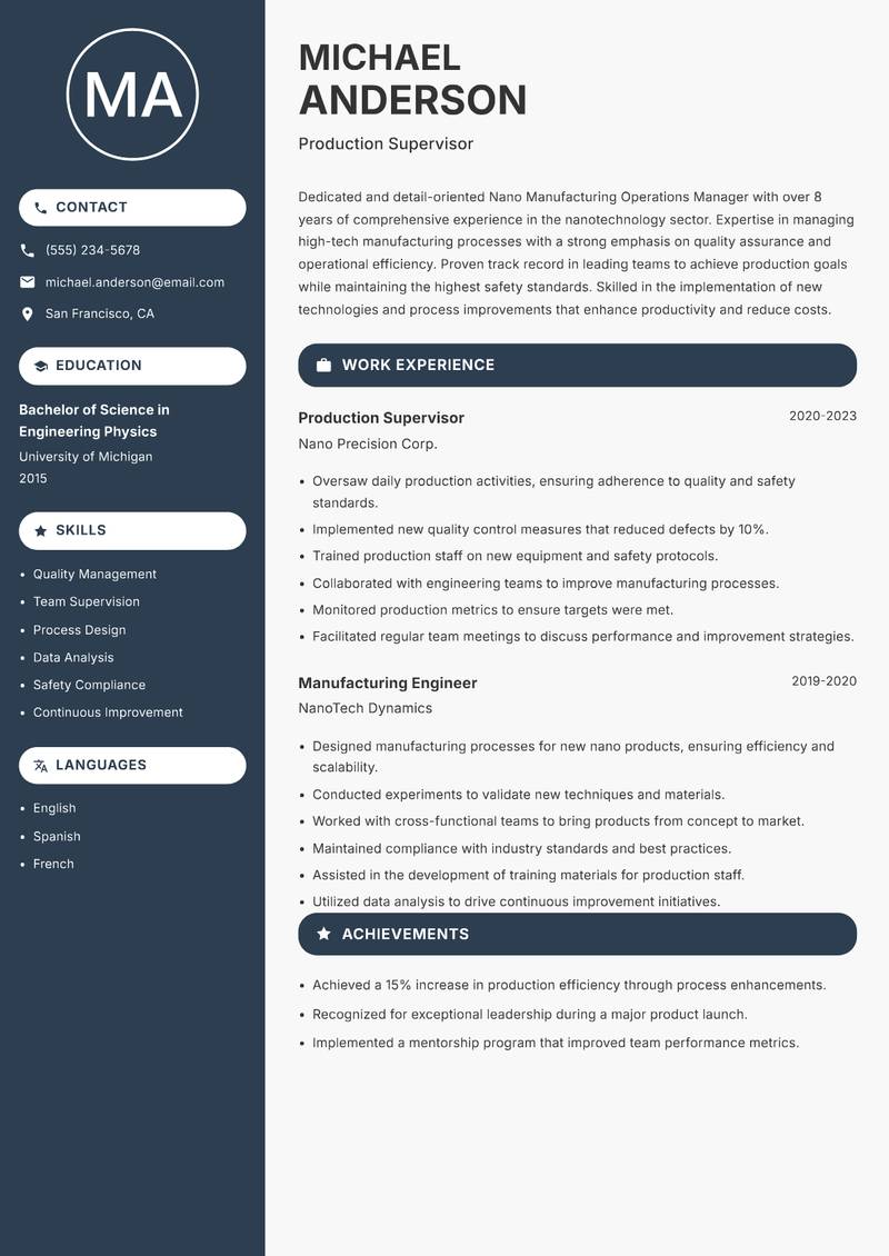 Nano Manufacturing Operations Manager resume template — Compact